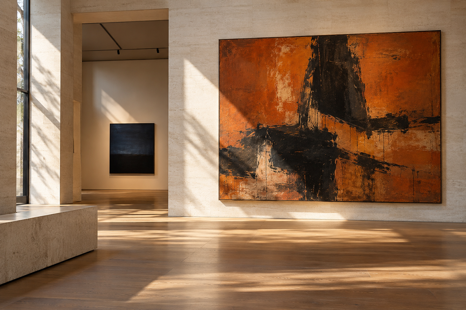 Sunlight falls across a conceptual gallery with orange-black and blue abstract paintings